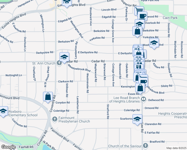 map of restaurants, bars, coffee shops, grocery stores, and more near 2219 Maplewood Road in Cleveland Heights