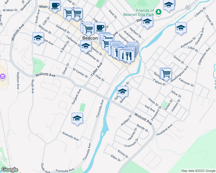 map of restaurants, bars, coffee shops, grocery stores, and more near 67 Tioronda Avenue in Beacon