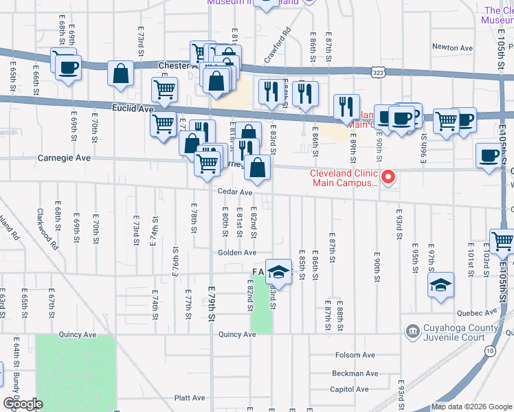 map of restaurants, bars, coffee shops, grocery stores, and more near 2181 East 82nd Street in Cleveland