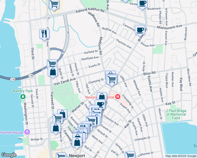map of restaurants, bars, coffee shops, grocery stores, and more near 16 Channing Street in Newport