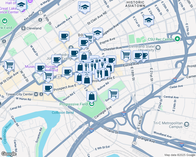 map of restaurants, bars, coffee shops, grocery stores, and more near 1020 Huron Road East in Cleveland