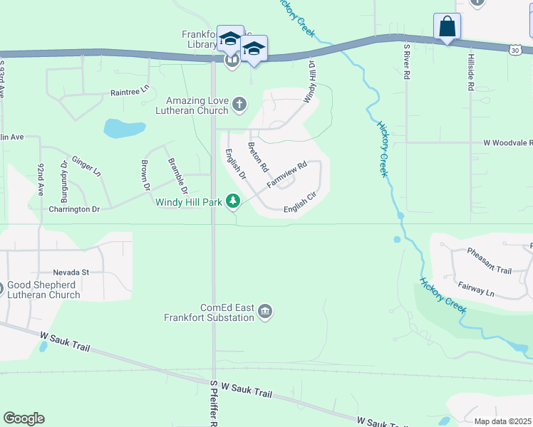 map of restaurants, bars, coffee shops, grocery stores, and more near 21470 English Circle in Frankfort