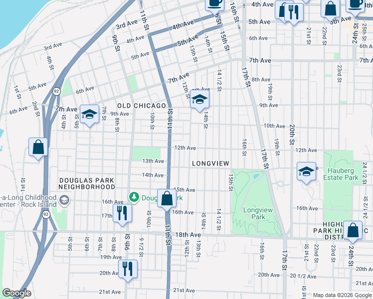 map of restaurants, bars, coffee shops, grocery stores, and more near 1200 12th Street in Rock Island