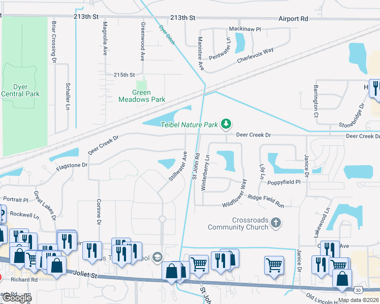 map of restaurants, bars, coffee shops, grocery stores, and more near 1693 Stillwater Avenue in Dyer