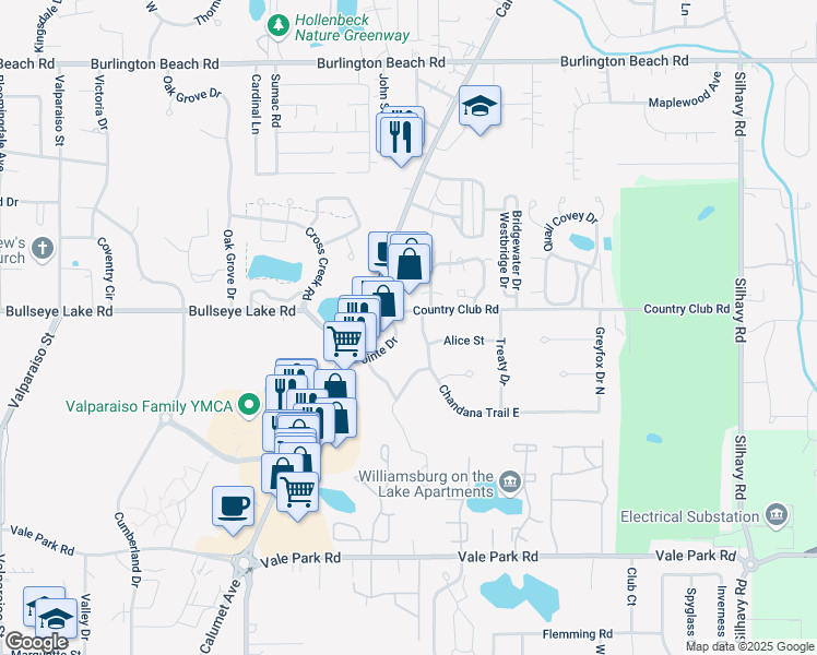 map of restaurants, bars, coffee shops, grocery stores, and more near 1700 Pointe Drive in Valparaiso