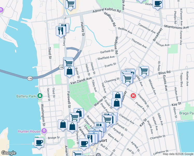 map of restaurants, bars, coffee shops, grocery stores, and more near 33 Congdon Avenue in Newport