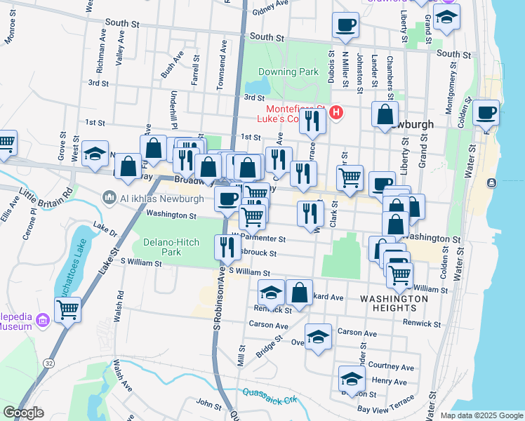 map of restaurants, bars, coffee shops, grocery stores, and more near 257 Washington Street in Newburgh