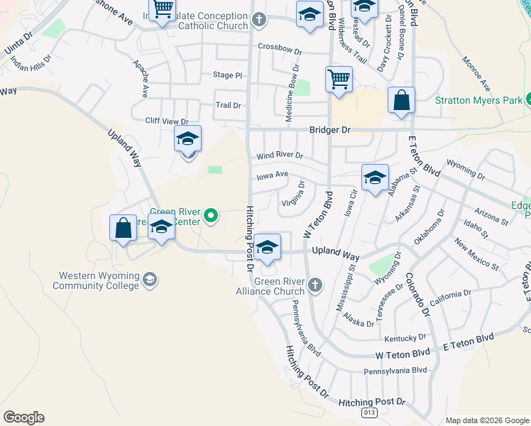 map of restaurants, bars, coffee shops, grocery stores, and more near 175 Pheasant Drive in Green River