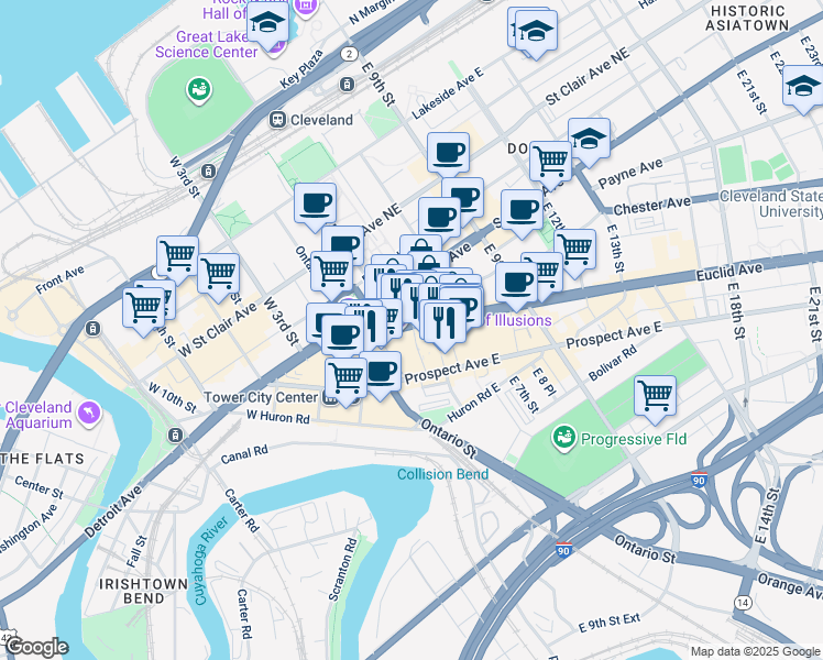 map of restaurants, bars, coffee shops, grocery stores, and more near 248 Euclid Avenue in Cleveland