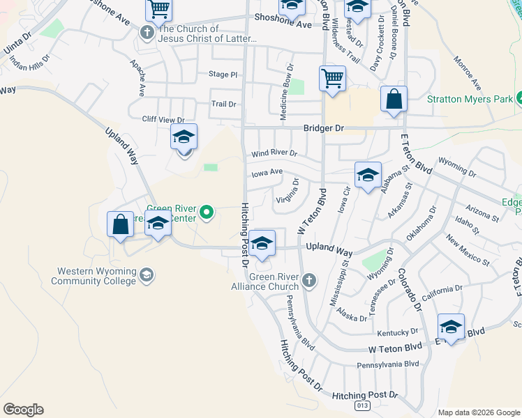 map of restaurants, bars, coffee shops, grocery stores, and more near 175 Pheasant Drive in Green River