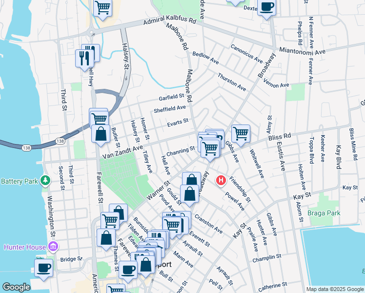map of restaurants, bars, coffee shops, grocery stores, and more near 23 Channing Street in Newport