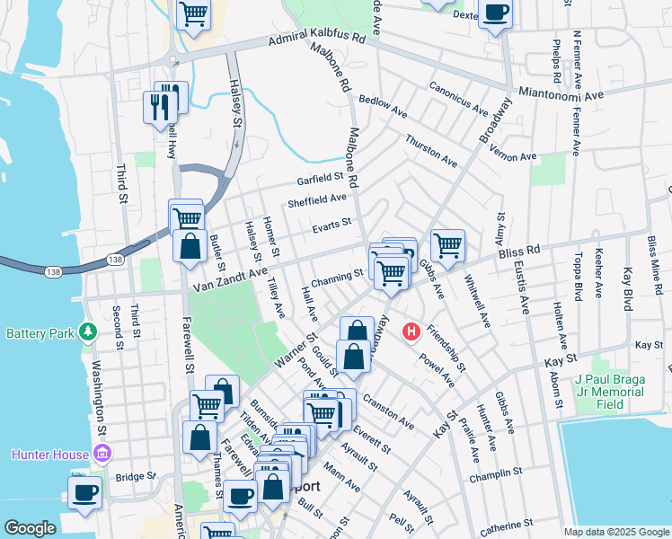 map of restaurants, bars, coffee shops, grocery stores, and more near 23 Channing Street in Newport