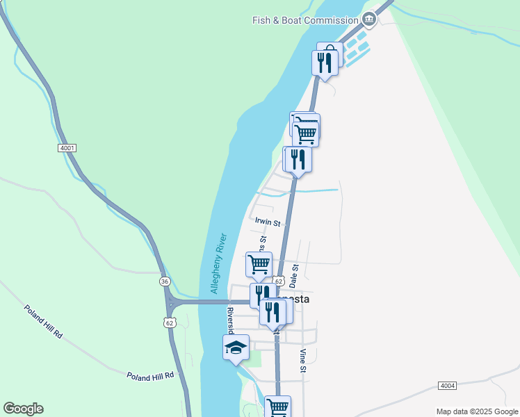 map of restaurants, bars, coffee shops, grocery stores, and more near 101-107 Irwin Street in Tionesta