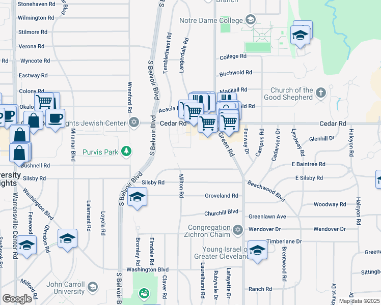 map of restaurants, bars, coffee shops, grocery stores, and more near 4379 Baintree Road in University Heights