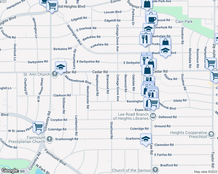 map of restaurants, bars, coffee shops, grocery stores, and more near 3024 Meadowbrook Boulevard in Cleveland Heights