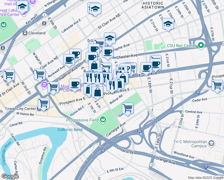 map of restaurants, bars, coffee shops, grocery stores, and more near 1010 Prospect Avenue East in Cleveland