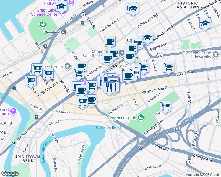 map of restaurants, bars, coffee shops, grocery stores, and more near 2051 East 4th Street in Cleveland