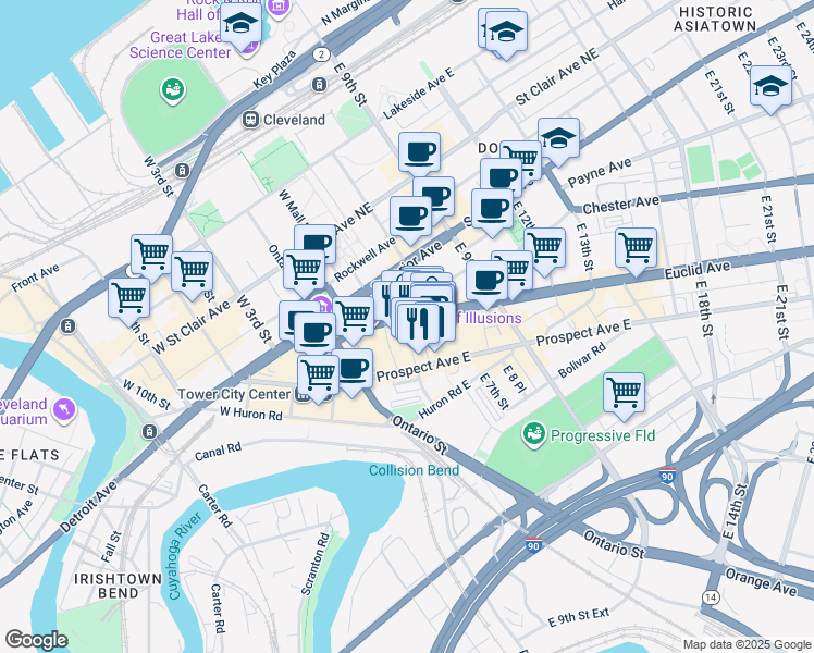 map of restaurants, bars, coffee shops, grocery stores, and more near 2051 East 4th Street in Cleveland