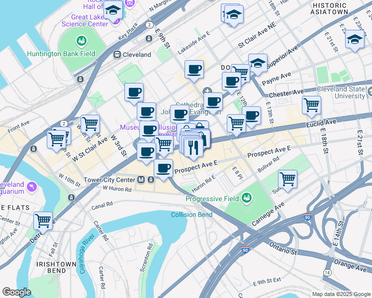 map of restaurants, bars, coffee shops, grocery stores, and more near 2051 East 4th Street in Cleveland