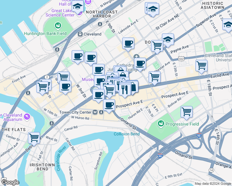 map of restaurants, bars, coffee shops, grocery stores, and more near 248 Euclid Avenue in Cleveland