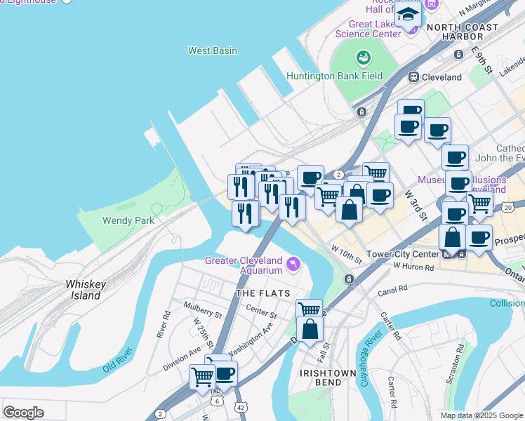 map of restaurants, bars, coffee shops, grocery stores, and more near 1146 Main Avenue in Cleveland