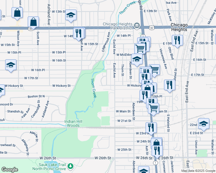 map of restaurants, bars, coffee shops, grocery stores, and more near 134 Hickory Street in Chicago Heights