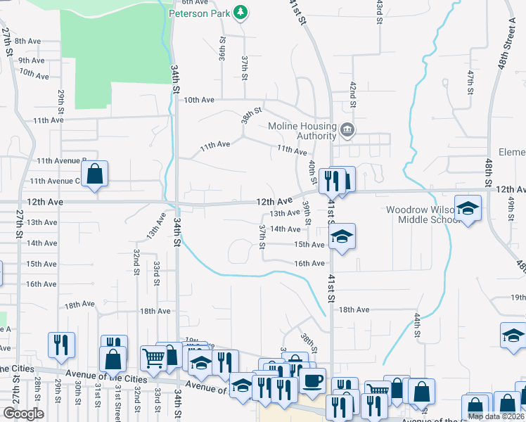 map of restaurants, bars, coffee shops, grocery stores, and more near 1303 37th Street in Moline
