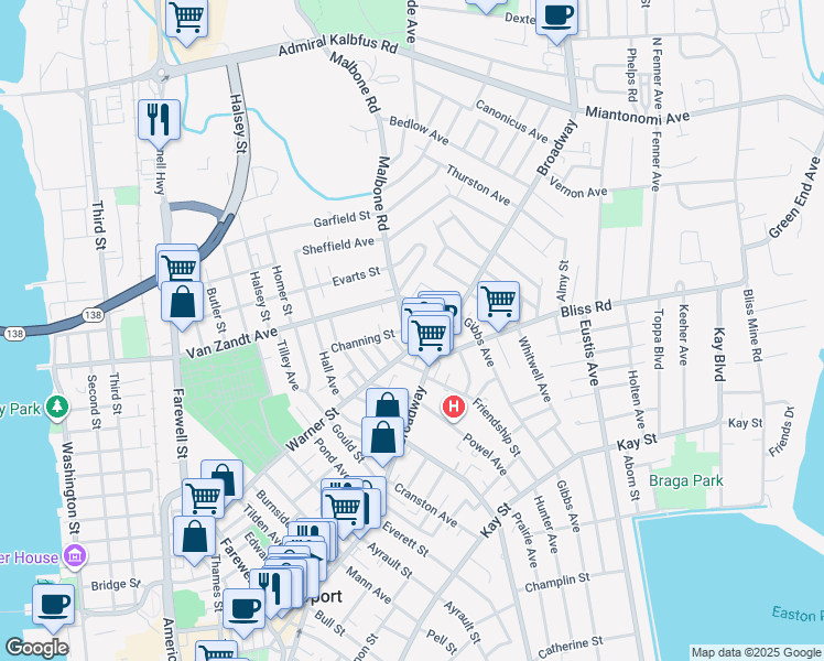 map of restaurants, bars, coffee shops, grocery stores, and more near 11 Malbone Road in Newport