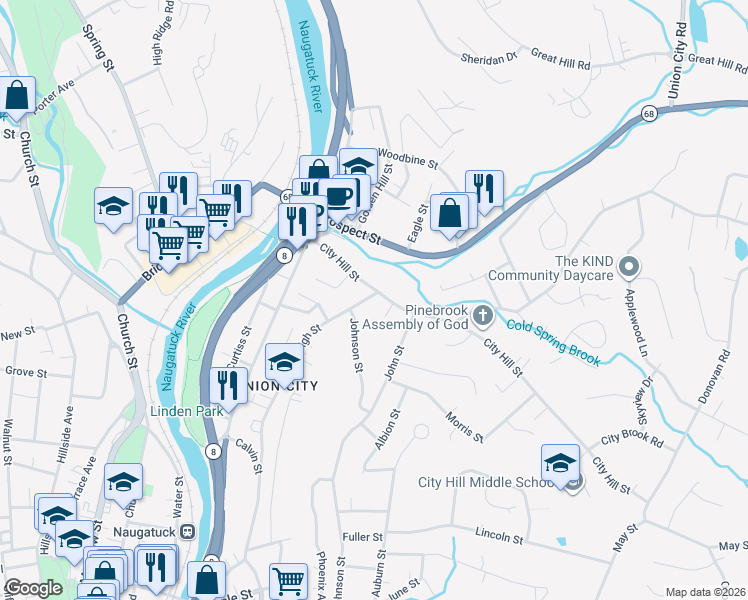 map of restaurants, bars, coffee shops, grocery stores, and more near 735 High Street in Naugatuck