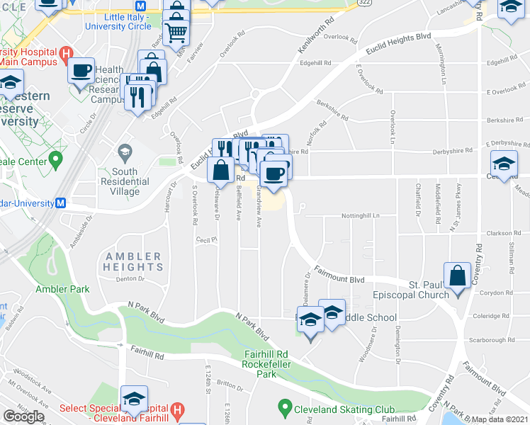 map of restaurants, bars, coffee shops, grocery stores, and more near 2203 Grandview Ave in Cleveland
