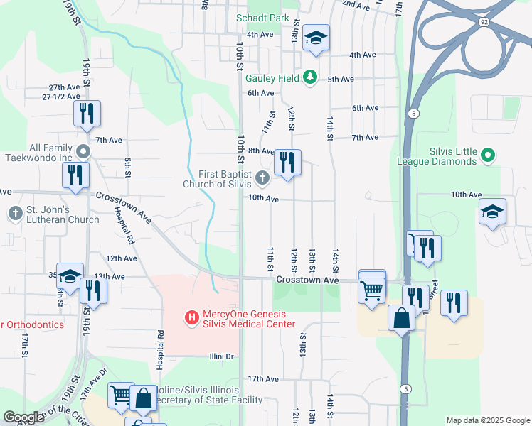 map of restaurants, bars, coffee shops, grocery stores, and more near 1026 11th Street in Silvis