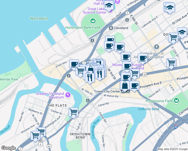 map of restaurants, bars, coffee shops, grocery stores, and more near 499 West Saint Clair Avenue in Cleveland