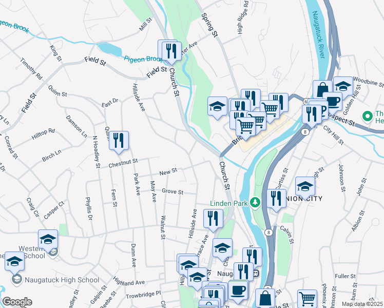 map of restaurants, bars, coffee shops, grocery stores, and more near 385 Bradbury Street in Naugatuck