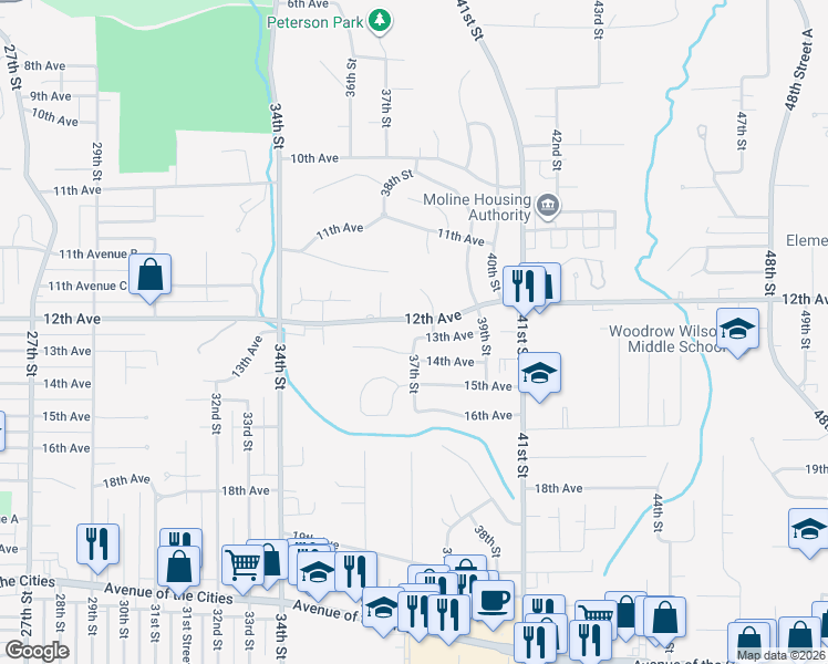 map of restaurants, bars, coffee shops, grocery stores, and more near 1303 37th Street in Moline