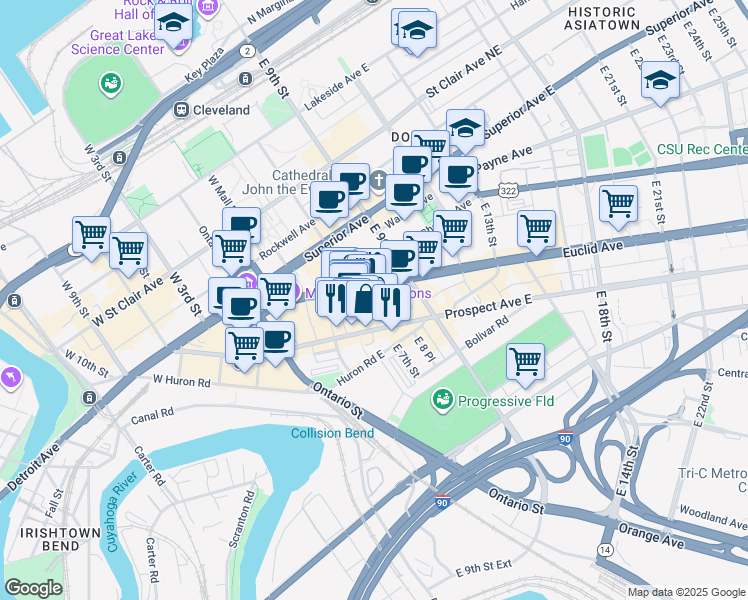 map of restaurants, bars, coffee shops, grocery stores, and more near 668 Prospect Avenue East in Cleveland