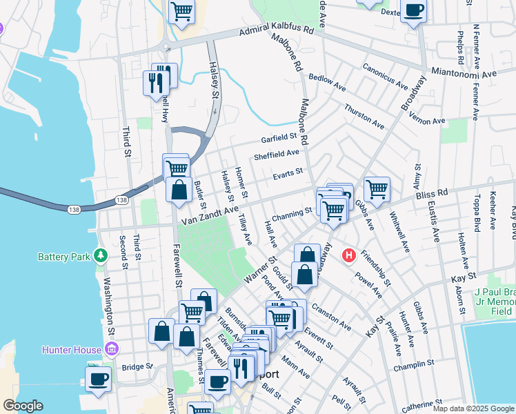 map of restaurants, bars, coffee shops, grocery stores, and more near 30 Hall Avenue in Newport