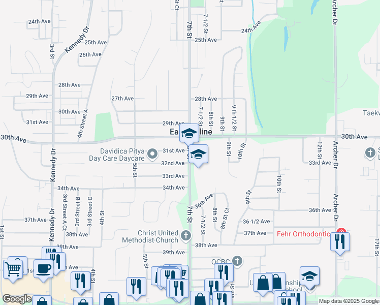map of restaurants, bars, coffee shops, grocery stores, and more near 3100 7th Street in East Moline