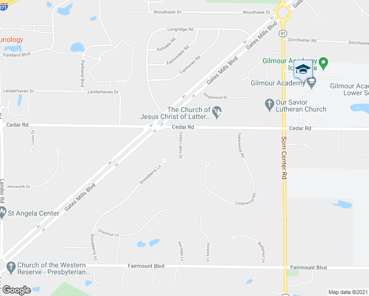 map of restaurants, bars, coffee shops, grocery stores, and more near 32600 Cedar Road in Pepper Pike