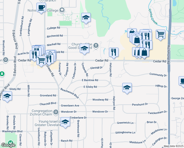 map of restaurants, bars, coffee shops, grocery stores, and more near 23709 East Baintree Road in Beachwood