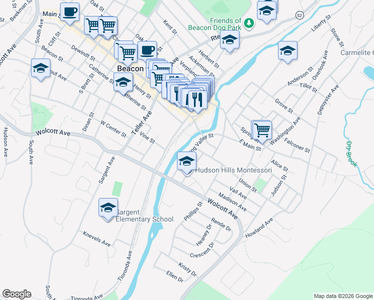map of restaurants, bars, coffee shops, grocery stores, and more near 115 Spring Valley Street in Beacon
