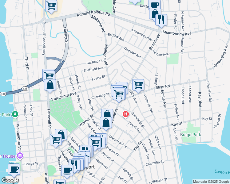 map of restaurants, bars, coffee shops, grocery stores, and more near 311 Broadway in Newport