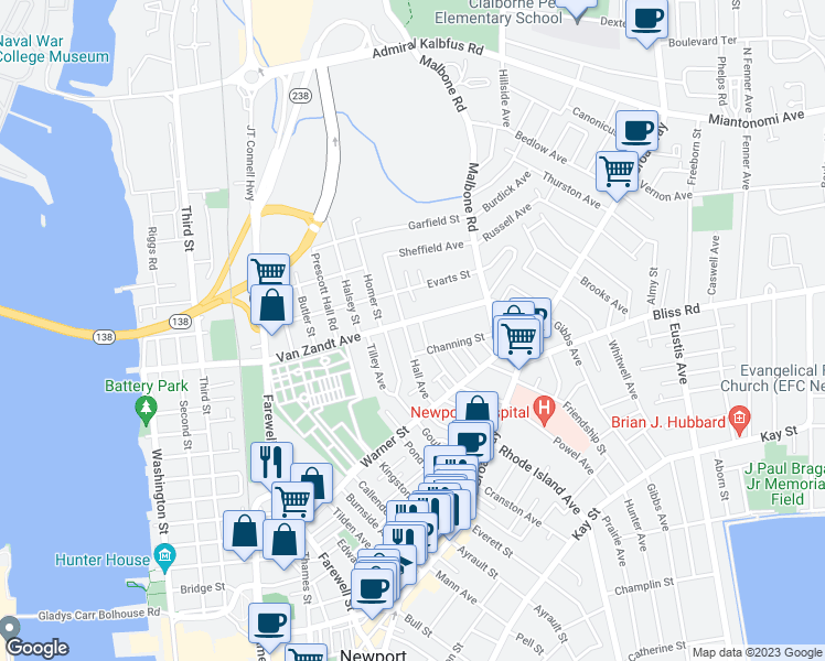 map of restaurants, bars, coffee shops, grocery stores, and more near 30 Hall Avenue in Newport