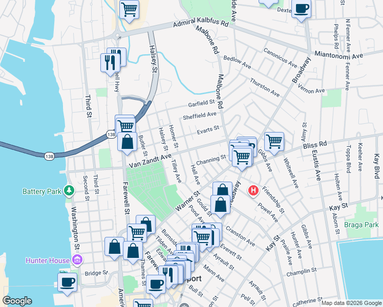 map of restaurants, bars, coffee shops, grocery stores, and more near 30 Hall Avenue in Newport