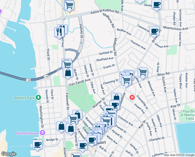 map of restaurants, bars, coffee shops, grocery stores, and more near 30 Hall Avenue in Newport