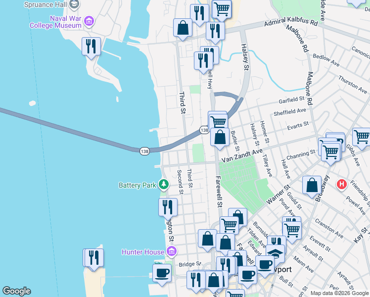 map of restaurants, bars, coffee shops, grocery stores, and more near 108 Second Street in Newport