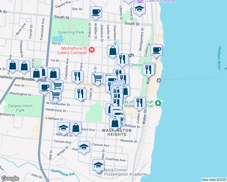 map of restaurants, bars, coffee shops, grocery stores, and more near 119 Broadway in Newburgh