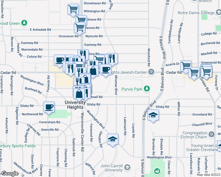 map of restaurants, bars, coffee shops, grocery stores, and more near 4097 Bushnell Road in University Heights