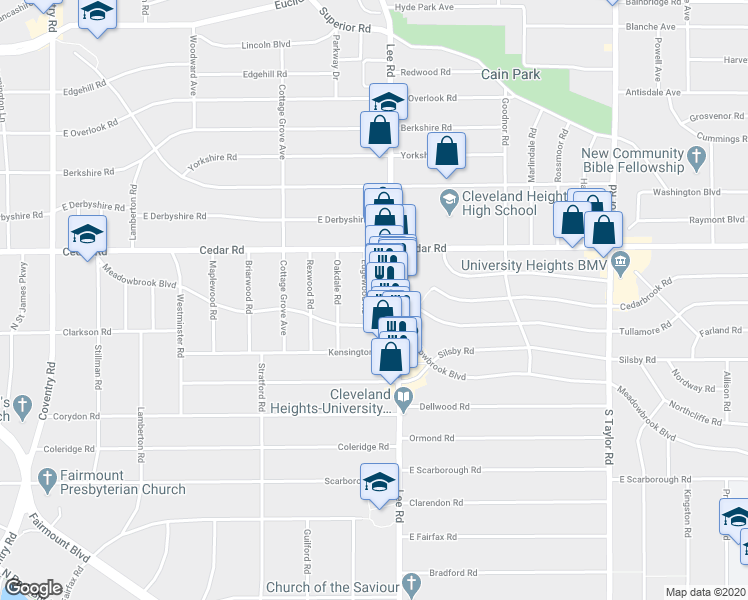 map of restaurants, bars, coffee shops, grocery stores, and more near 2230 Lee Road in Cleveland Heights