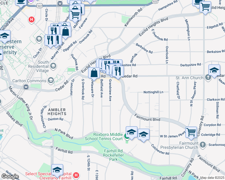 map of restaurants, bars, coffee shops, grocery stores, and more near 2504 Fairmount Boulevard in Cleveland Heights