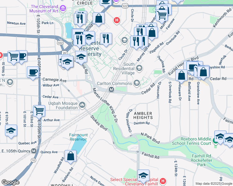map of restaurants, bars, coffee shops, grocery stores, and more near 11432 Cedar Glen Parkway in Cleveland